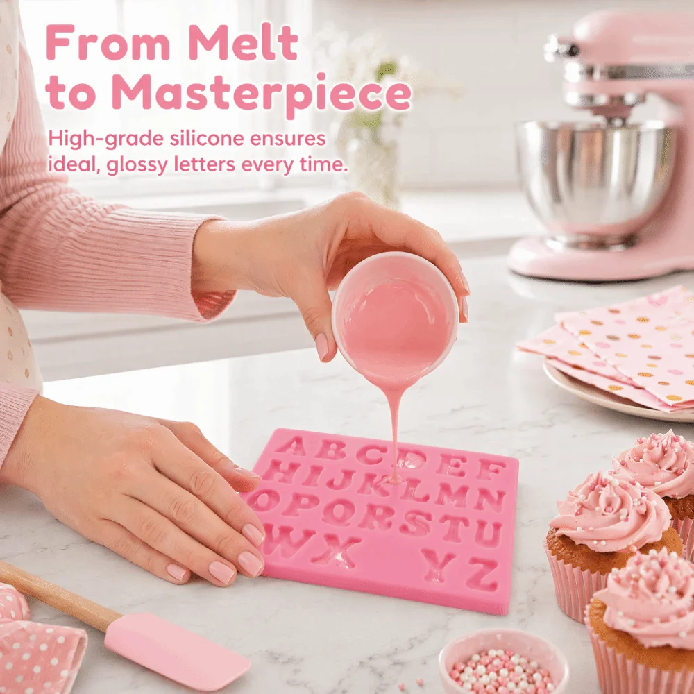 Flexible Silicone Silicone Mold Set 26 Letters Shape Non-Stick Surface Alphabet Fondant Mold Easy Release BPA Free DIY Cake Mold