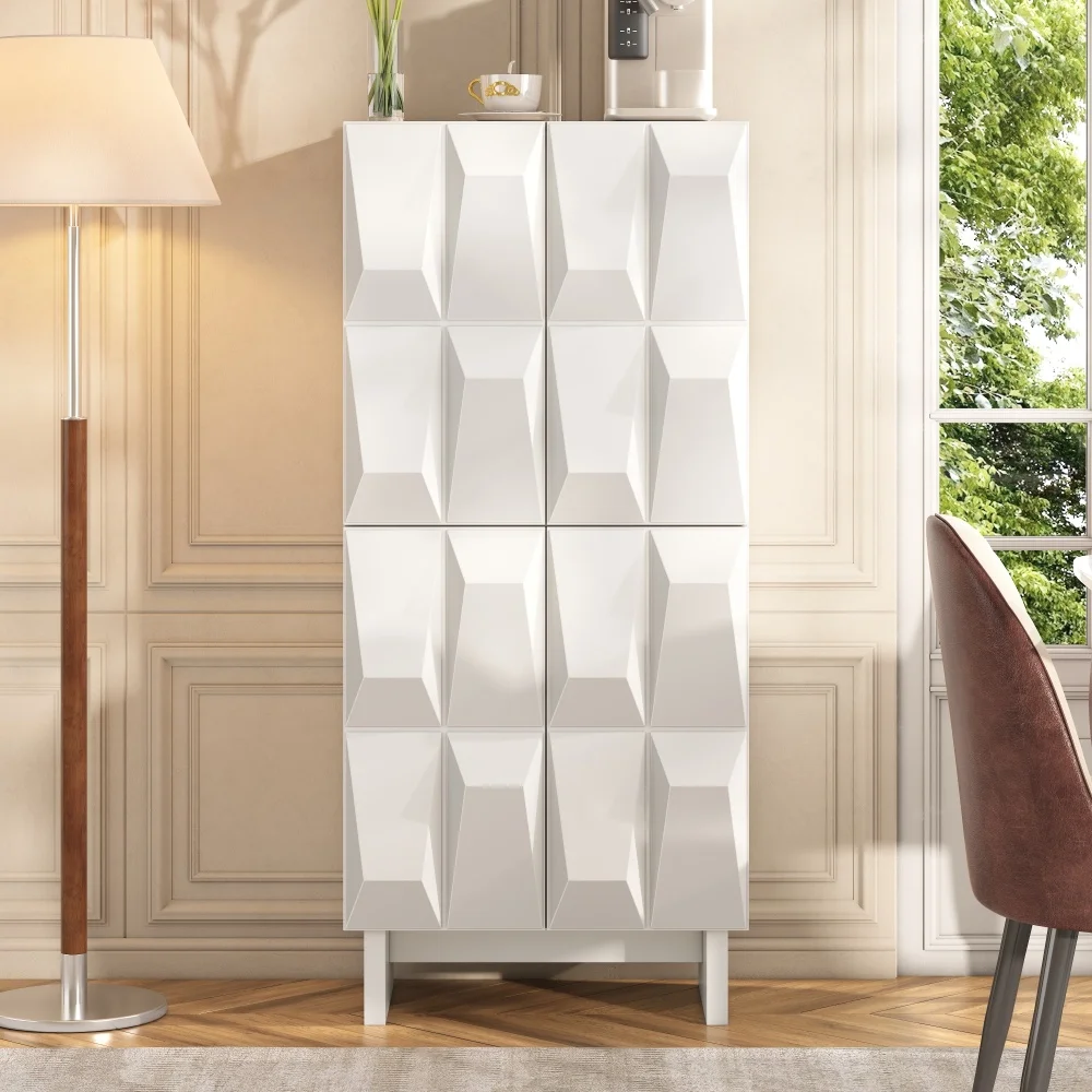 Armoire à chaussures haute et étroite, buffet 60,5x34x135,5cm avec 4 portes en relief 3D, 4 compartiments de rangement, étagères réglables, base surélevée, meuble pour entrée et salon