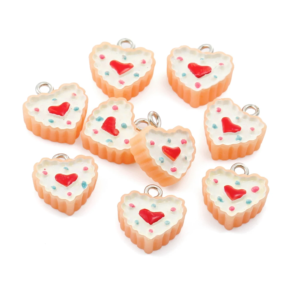 10pcs Cute Simulation Cake Resin Charms Heart Shape Food Dessert Mini Pendants for Earrings Necklace Jewelry Making Supplies