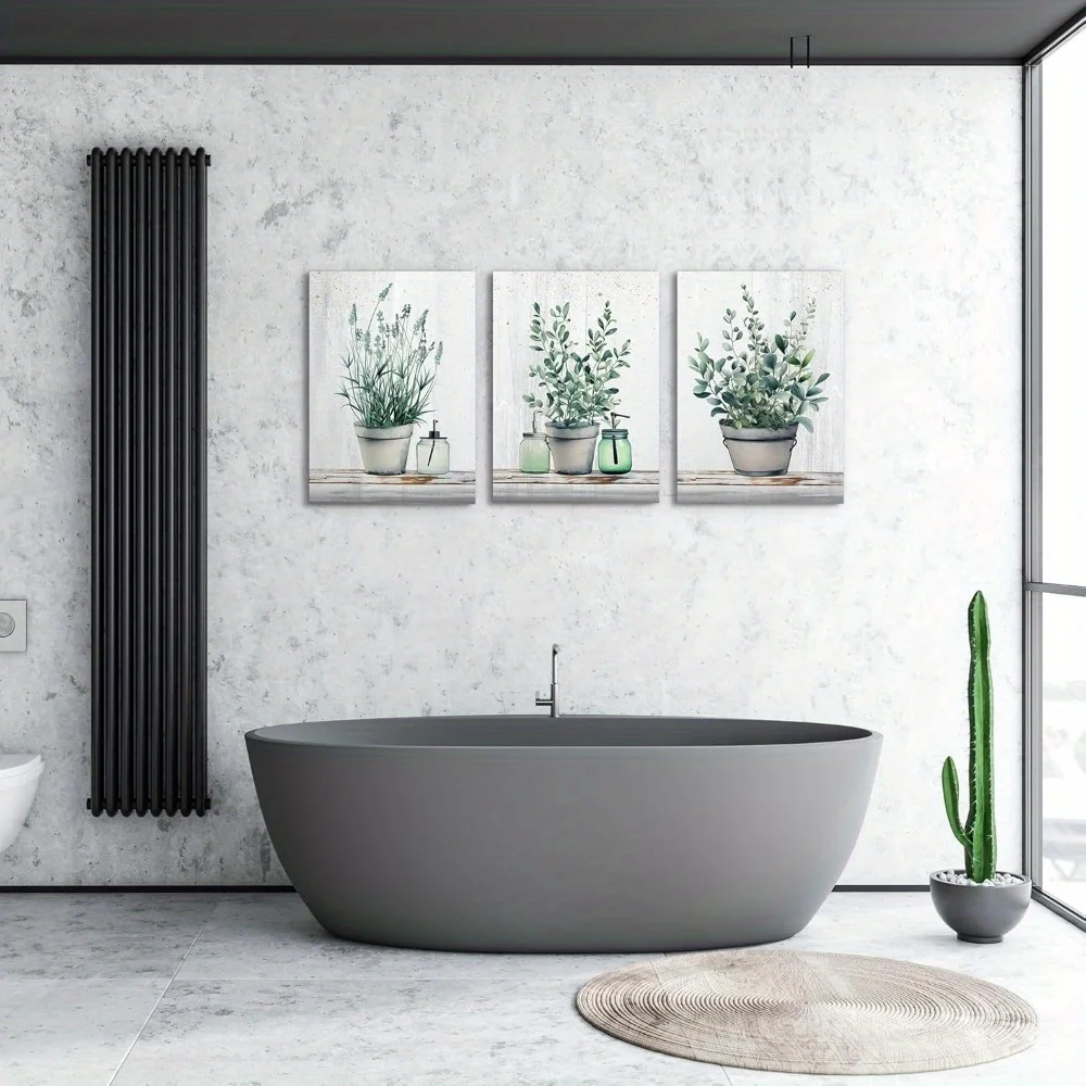 Vase plat 2D à feuilles vertes, 3 pièces, 12x16 pouces, toile d'art mural, décoration de maison pour salon, chambre à coucher, cuisine et bureau, réaliste