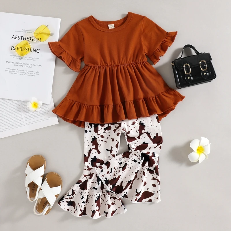 Toddler Girl Outfit Floral Print Short Sleeve Top with Ruffle Detail and Wide-Leg Pants Set Casual 2 Piece Suit