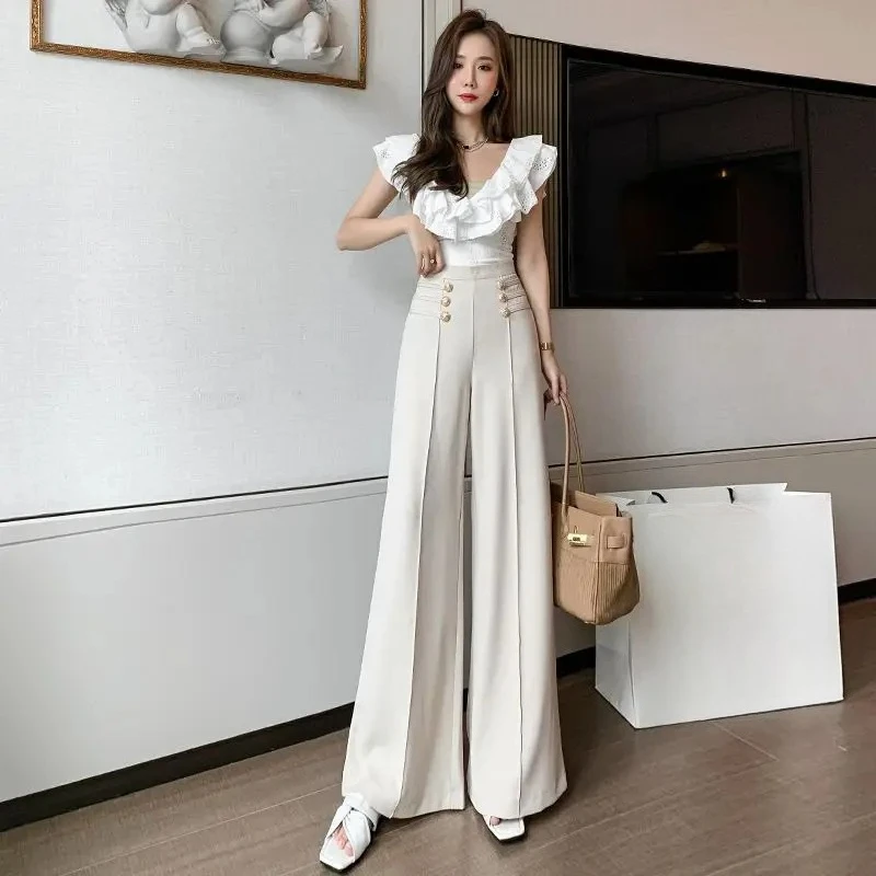 

High Waist Female Trousers Elastic Classic Xxl Vintage Korean Fashion Chic and Elegant Aesthetic G 90s Women's Pants Wide Leg