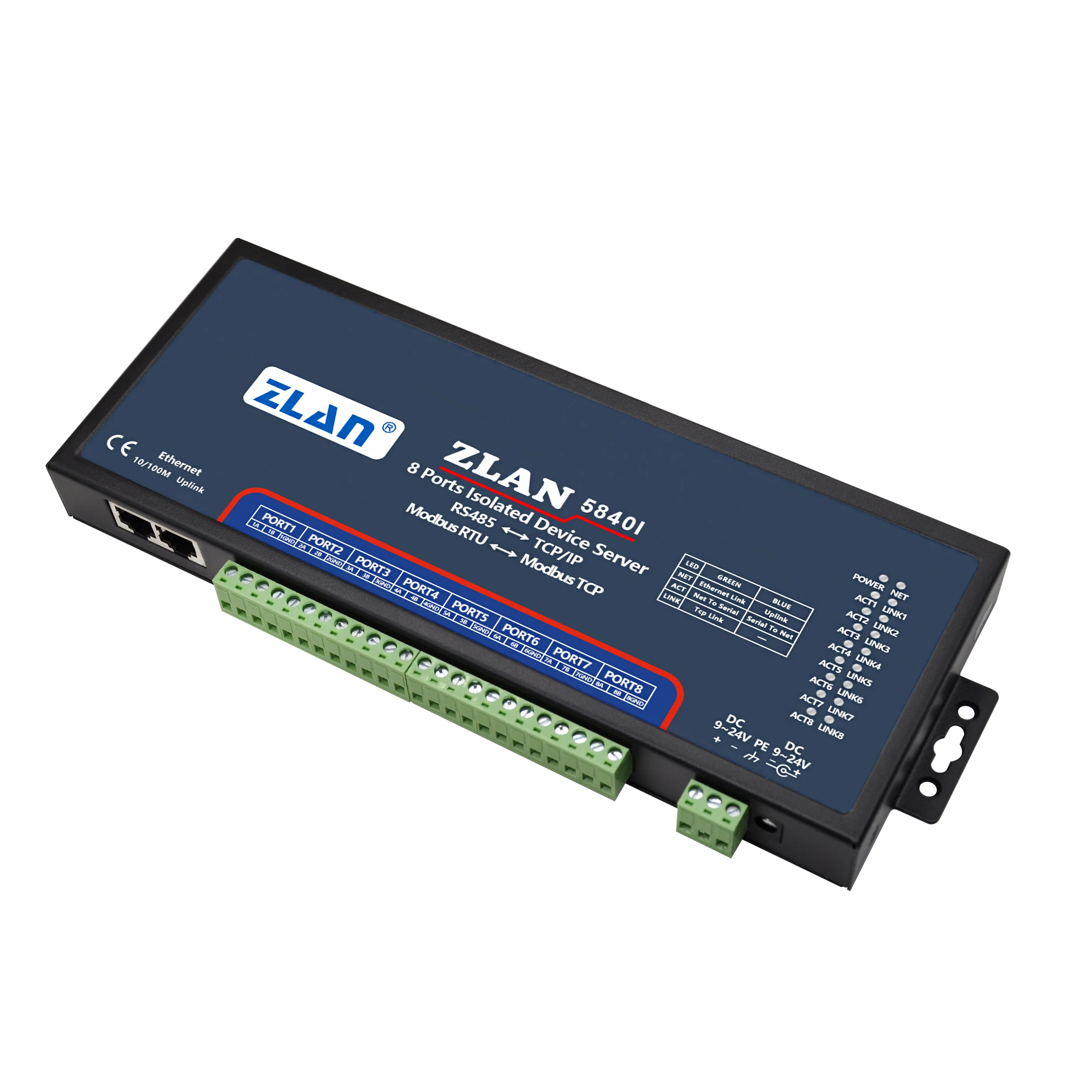 Convertidor TCPIP de 8 puertos RS485 a Ethernet ZLAN5840I aislado Modbus TCP a Modbus RTU Gateway aislando serial