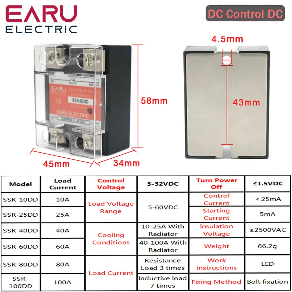 SSR-25DD SSR-40DD SSR 10A 60A  80A 100A Single Phase Solid State Relay Module DC 3-32V Input DC 5-60V Output Voltage Transformer