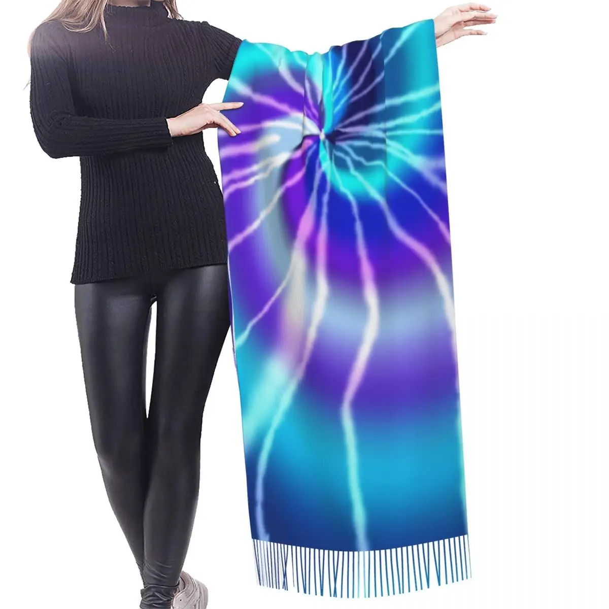 Custom Blue Tie Dye Scarf Wrap for Women Long Winter Fall Warm Tassel Shawl Unisex Traditional Dyeing Art Scarves