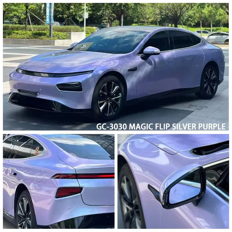 Avvolgimento per auto multicolore Rotolo di vinile Avvolgimento per auto autoadesivo Adesivo per carrozzeria in vinile Design PET Magic Flip Argento Viola Wap Vinile per auto