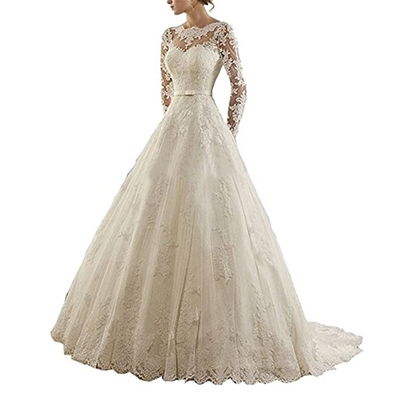 2022 New White Ivory Lace Wedding Dresses Long Sweet Elegant Bride Floor Length Long Sleeve Applique Lace up Wedding Dresses