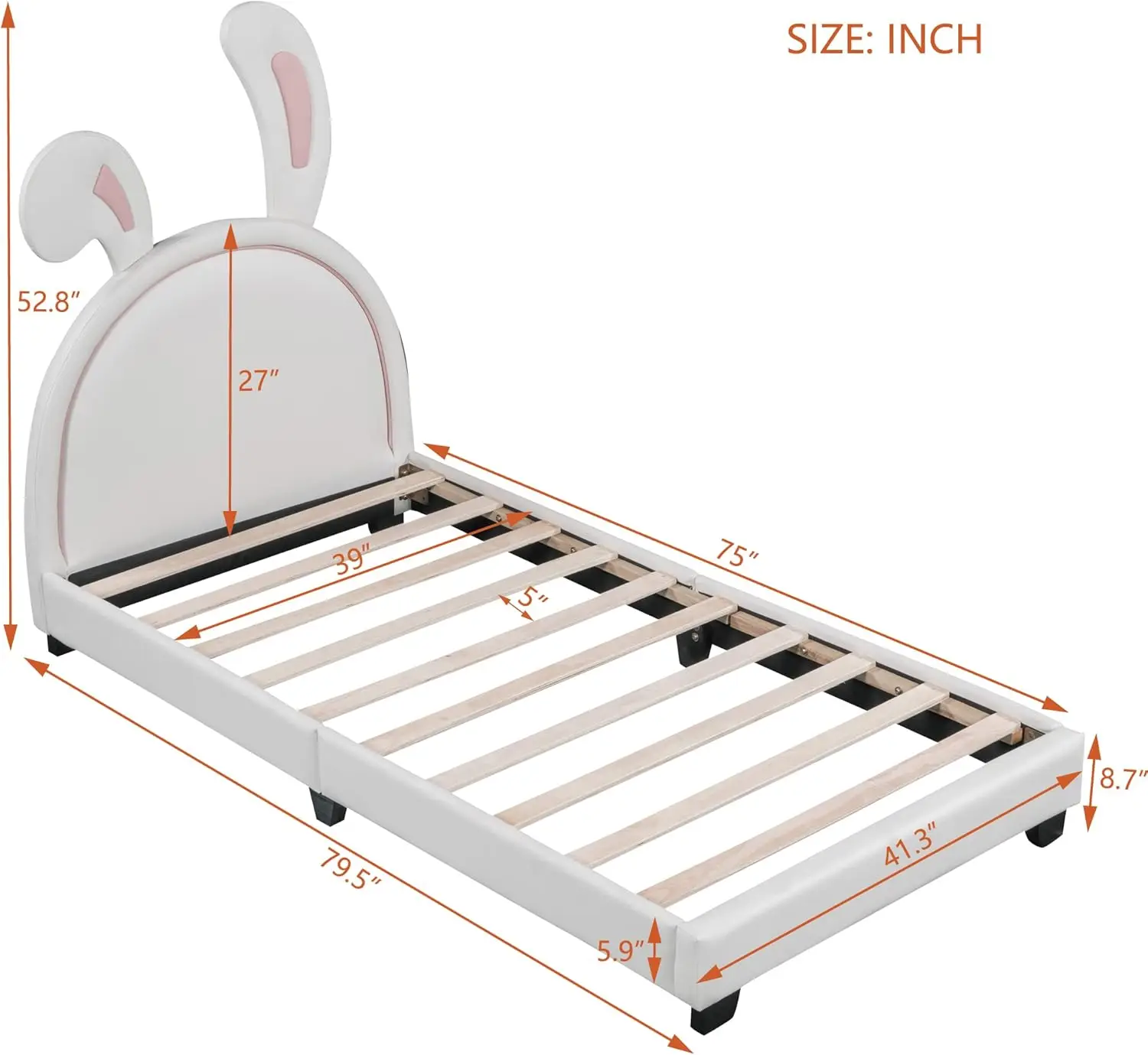 Twin Size Upholstered Leather Platform Bed with Bunny Ears Headboard, Platform Bed Frame with Rabbit Ornament for Kids