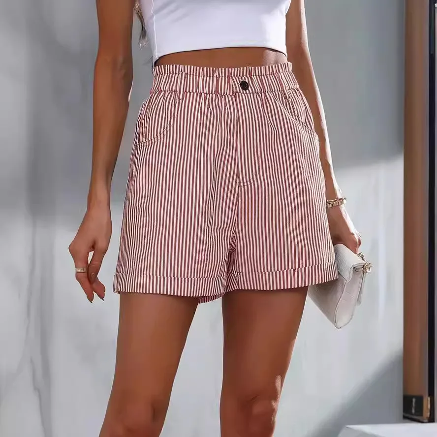 Summer 2024 Women's Casual Stripe Pocket Shorts New Arrival Elastic Waist Knitted Polyester Three-quarter Length Comfortable ...