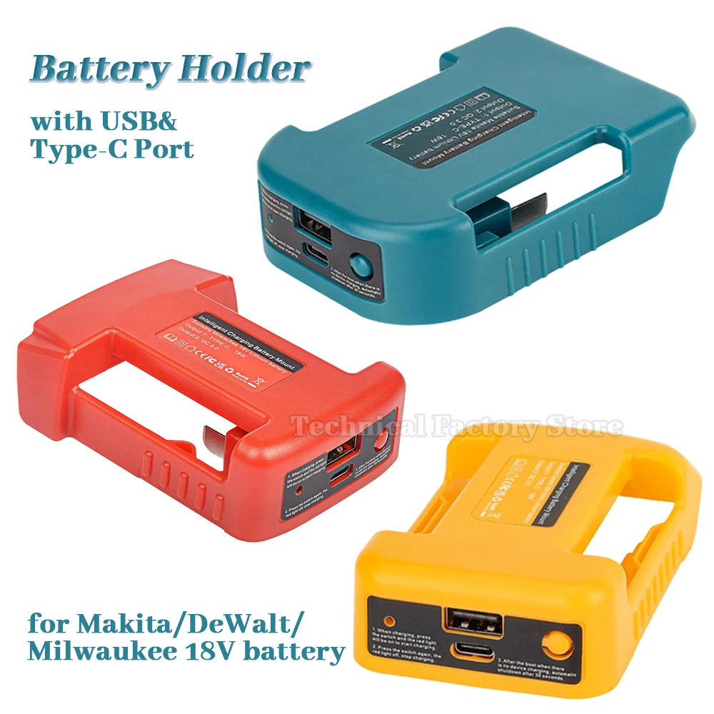 Portable Charger Adapter Compatible For Makita For Dewalt For Milwaukee 18V Li-ion with USB Type-C Battery Holder Fast Charging