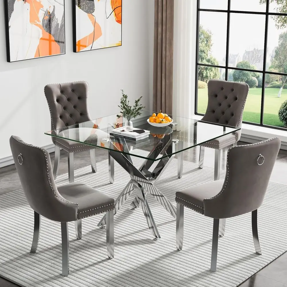 

4-Piece Glass Top Dining Set with Upholstered Chairs, 35 Square Table for Small Kitchen, Stylish and Grey