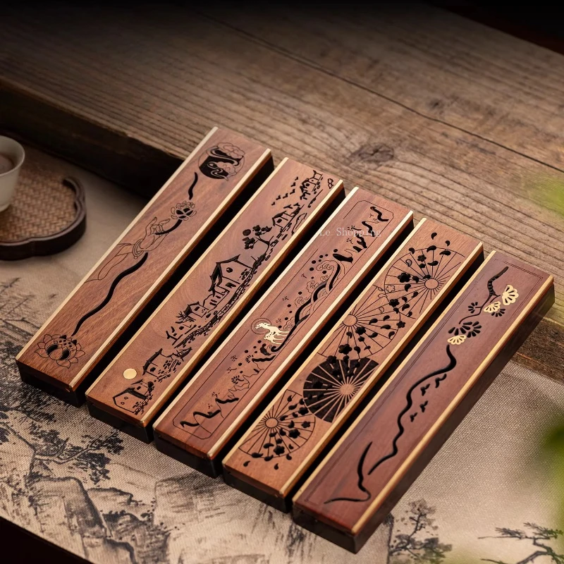 Solid Wood Incense Insert/Hollowed-out Pattern Inlaid Copper Incense Box/Studyroom TeaRoom Desktop Decoration Religious Supplies