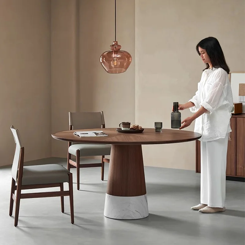 

North American black walnut solid wood round dining table wabi wind marble round table small apartment household antique dining