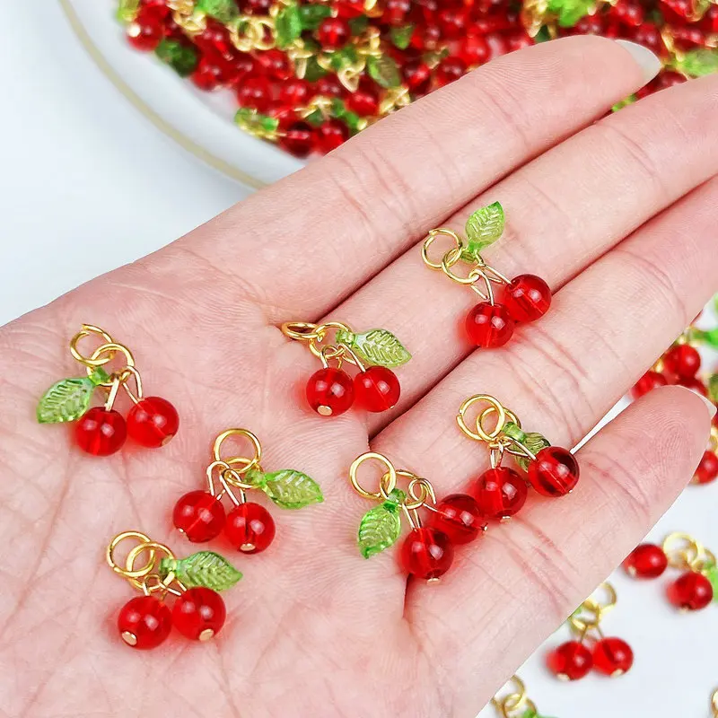 10 stuks rode kers bedels schattig glas rood fruit hangers met lus DIY sieraden maken accessoires voor armband ketting oorbellen