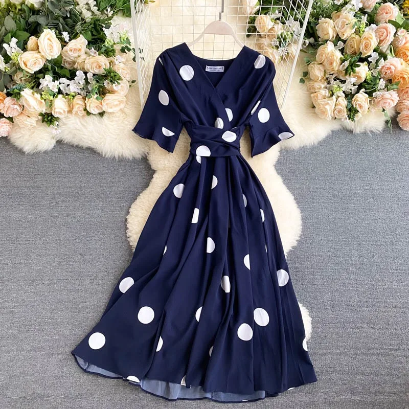 YuooMuoo Women Dress 2025 New Korean Fashion Polka Dot Print Long Summer Dress Vacation Style Sash Bandage Big Swing Beach Dress