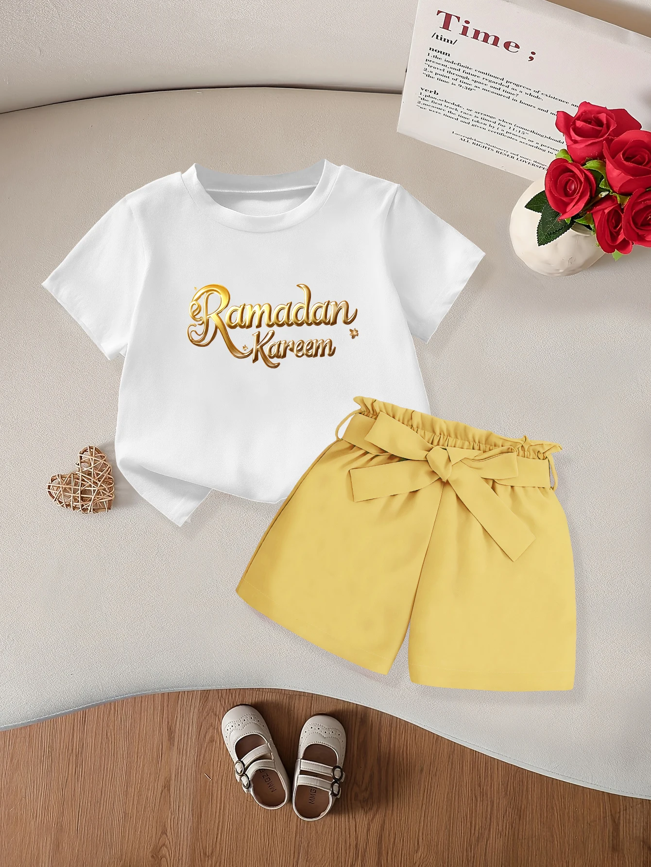 2 pieces: Ramadan Kareem Girls Summer Short Sleeve Woven Shorts Set Yellow Cartoon Letter Print Bow Detail