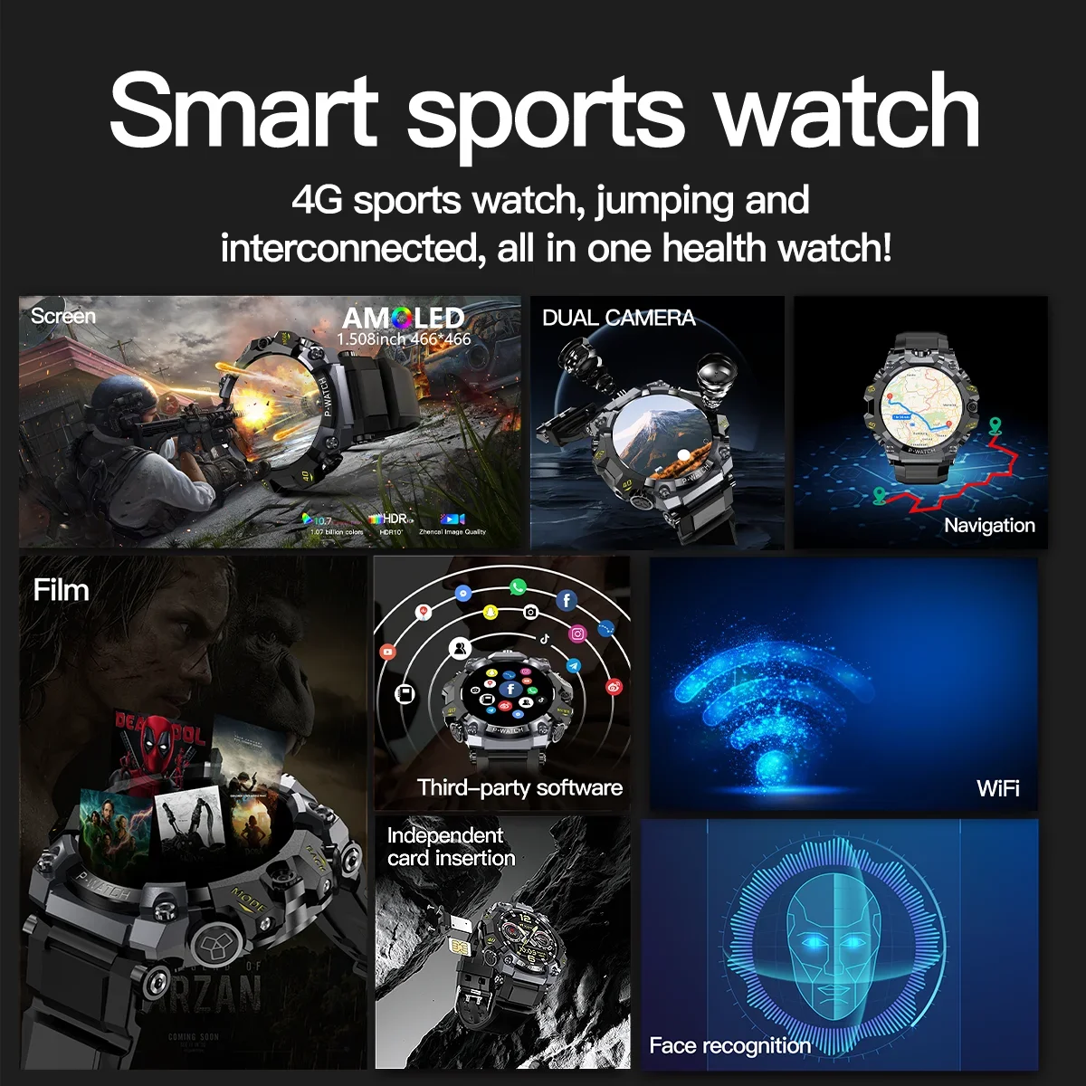 جديد Q668 5G النسخة الخلوية Smartwatch 1.508 بوصة Amoled شاشة أكبر أندرويد ساعة ذكية مع كاميرا دوارة فتحة للبطاقات Sim WIFI