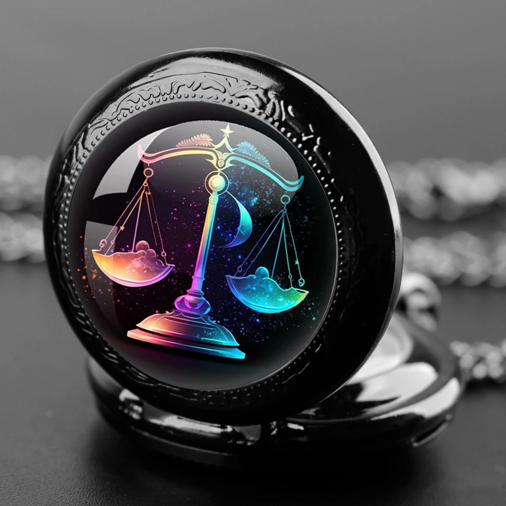 Vintage Libra Quartz Pocket Watch, Cool Black Necklace Pocket Watch, Unique Pendant Clock Gift