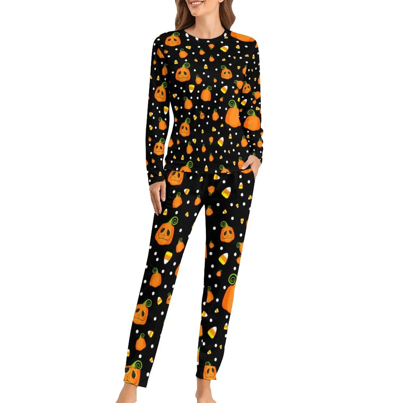 Fun Halloween Pajamas Whimsical Pumpkins Print Elegant Pajamas Set Female 2 Pieces Home Oversized Printed Home Suit Gift