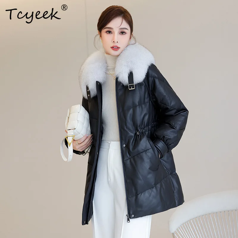 Tcyeek Top Layer Sheepskin White Duck Down Autumn Winter Fox Fur Collar Black Women's Genuine Leather Jacket Jaqueta Couro