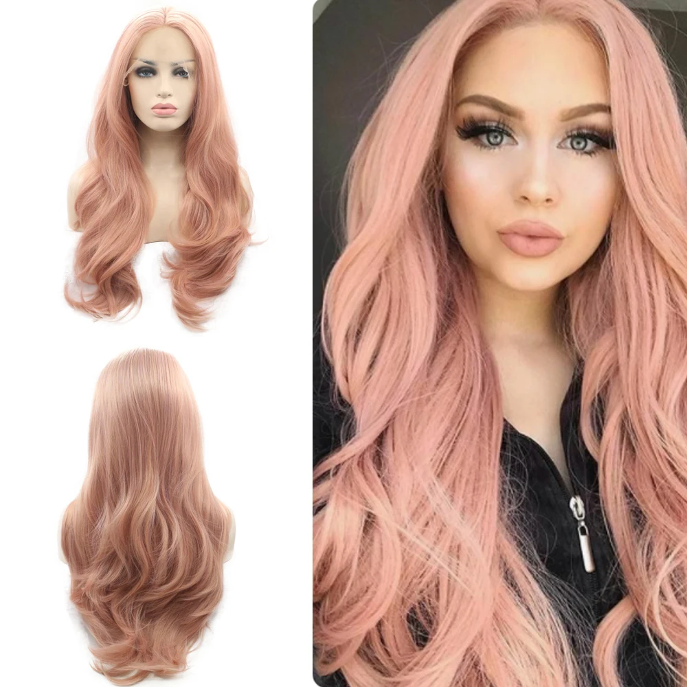 Sylvia Pink Lace Front Wigs for Women Long Wavy Rose Gold Pink Wigs Wonder Girl Peach Pink Syntehtic Hair Wigs 24inches image 2