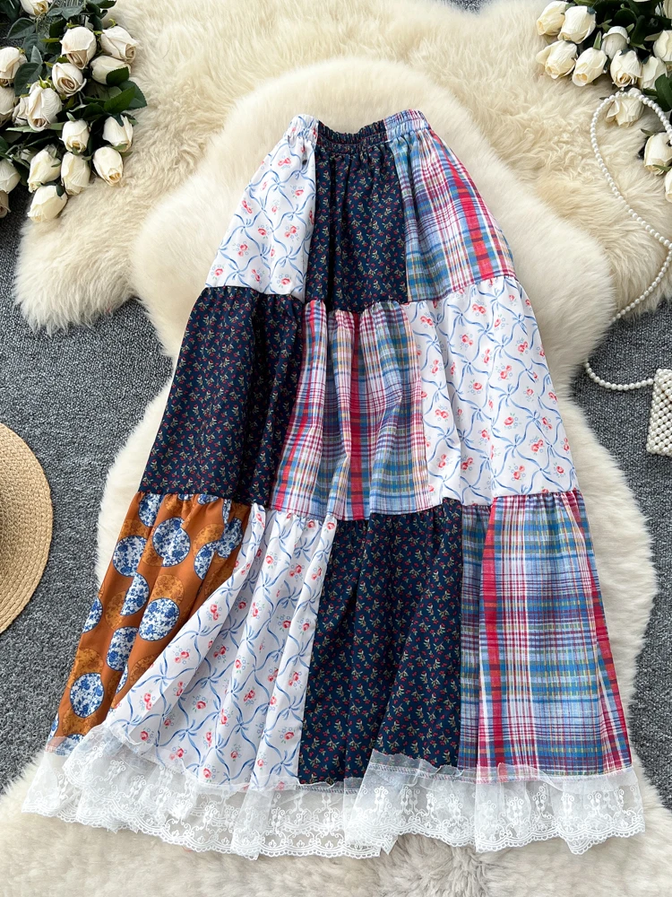 

Retro Patchwork Lace A-Line Midi Skirt High Waist Slimming Women's Ci Commute Sweet Sle Polyester Fiber Stand Fit