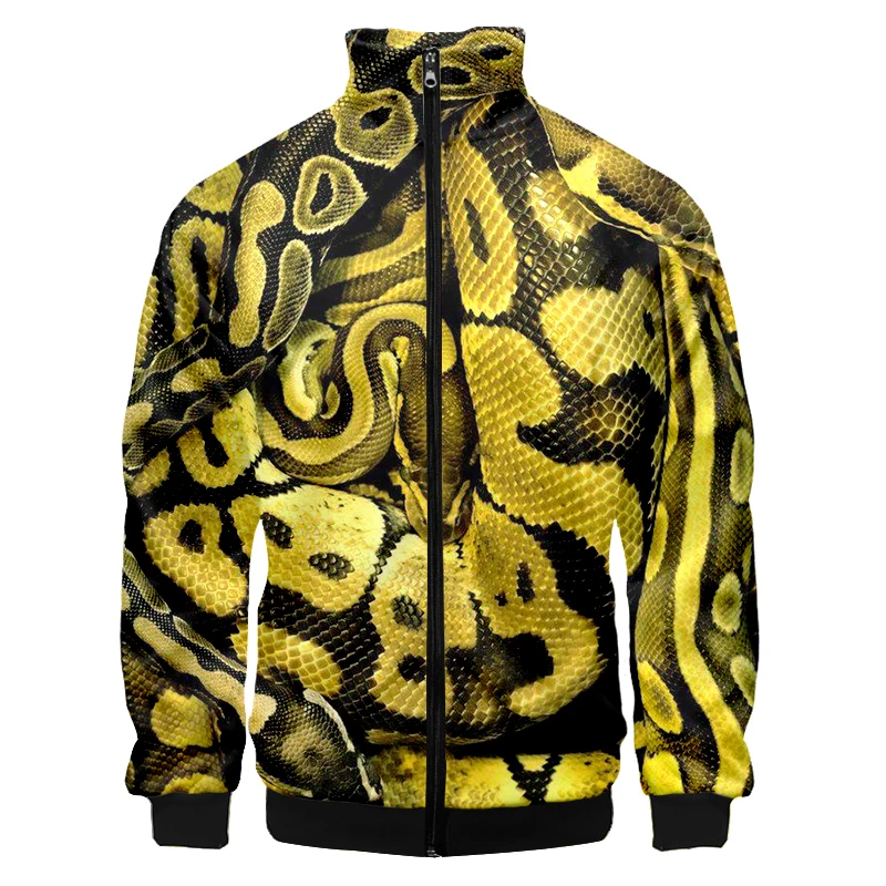 Chaqueta de terror con estampado 3D de serpiente de piel, chaqueta de invierno de manga larga con cuello levantado y cremallera, ropa informal de talla grande para hombre, envío directo