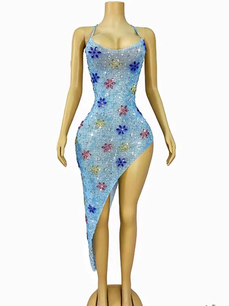 

High Quality Color Rhinestone Sexy Hanging Neck Elastic Irregular Dress 2025 New Fashion Custom Women'S Clothing
