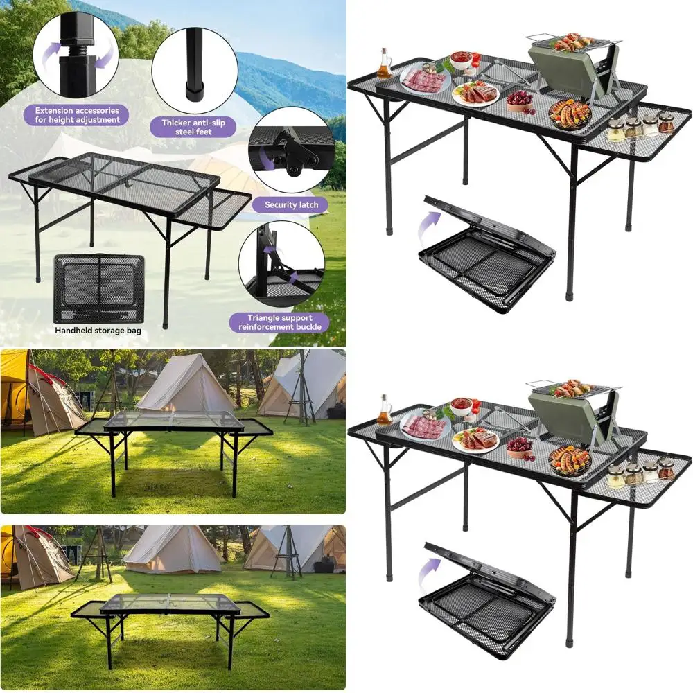 

Портативный складной походный стол с боковыми панелями, держателем для гриля, легкий, регулируемый по высоте, черный