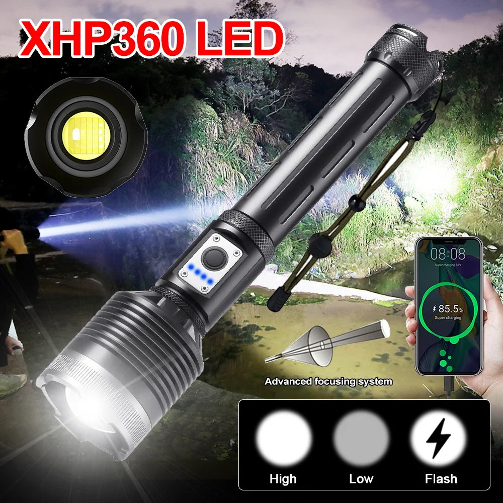 

XHP360 Led Flashlight 18650 Rechargeable Torch Usb Powerful Tactical Flash Light Zoomable Hunting Lantern Waterproof Hand Lamp