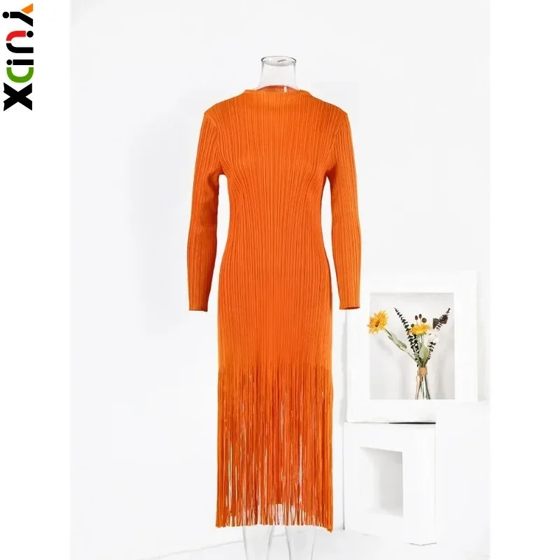 YUDX Miyake Tassel Pleated Dress Women Round Neck Long Sleeves Orange Color Fashion Dresses Party Clothes 2024 Autumn New