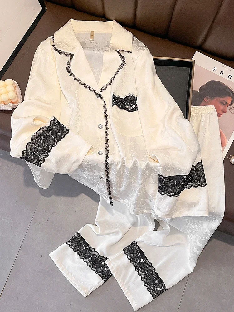 

New Silk Lace Pajamas Jacquard Thin Sweet Home Clothes Long Sleeve Pants Set