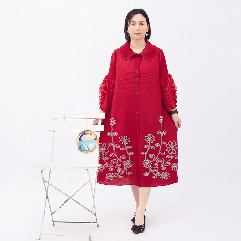 Miyake Embroidered Flares Pleated Women's 2024 New Solid Color Hand-painted Diamond Temperament Plus Size Ladies Cardigan Skirt