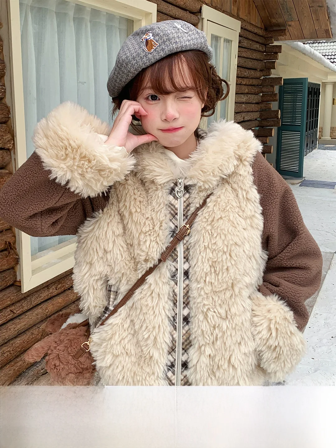 

Зимняя куртка Sinsingirl с ушками медведя, из экологически чистого меха, в клетку, для девочек, верхняя одежда, приталенный крой, длинный рукав, с капюшоном на молнии