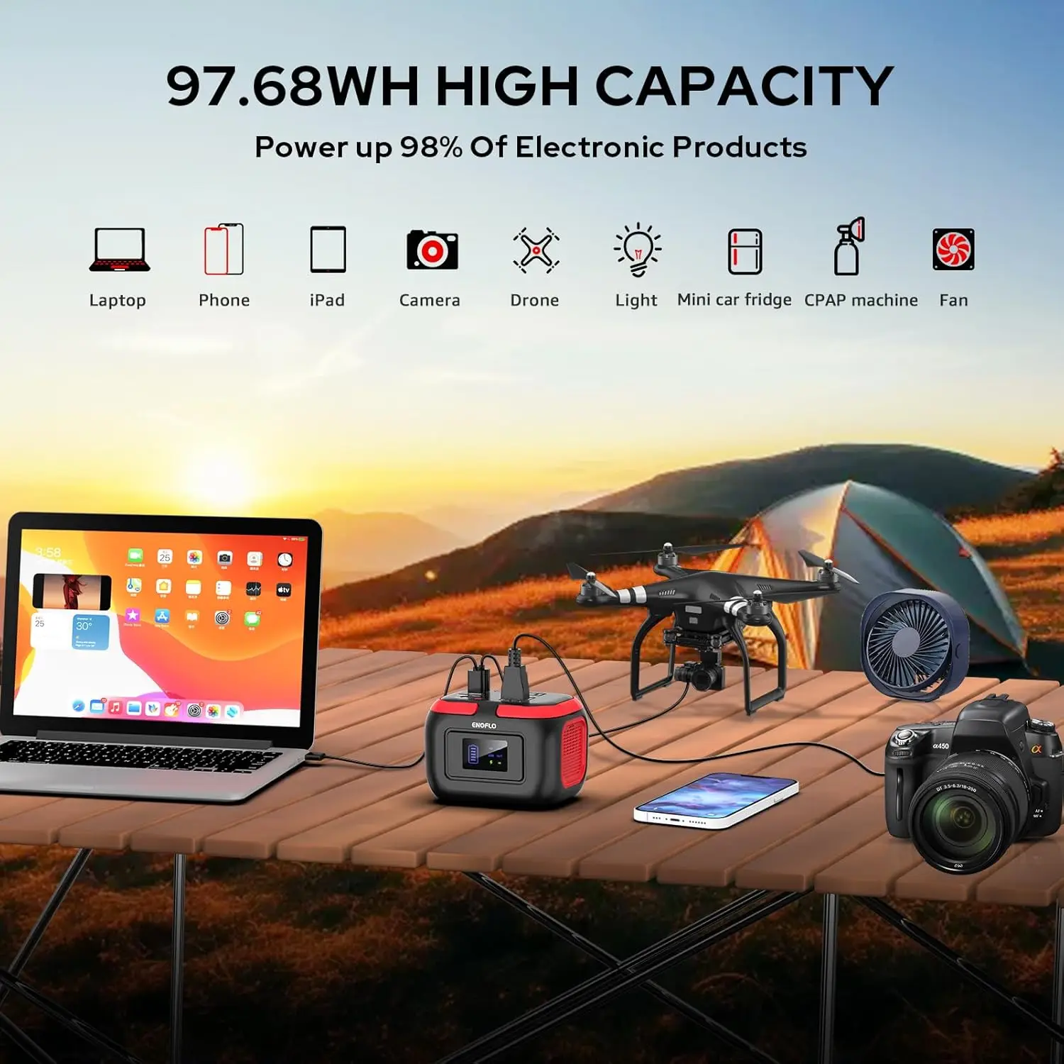 97Wh Mobile Power Station charging Bank 26400mAh battery pack Fast charging 120W AC socket solar generator 6 Output power supply