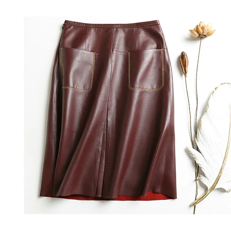 

Women Genuine Leather Midi Long Wrap Skirt Ladies Bright line Female Slit Pockets Sewing High Waist Jupe Mujer A-line Mid-Length