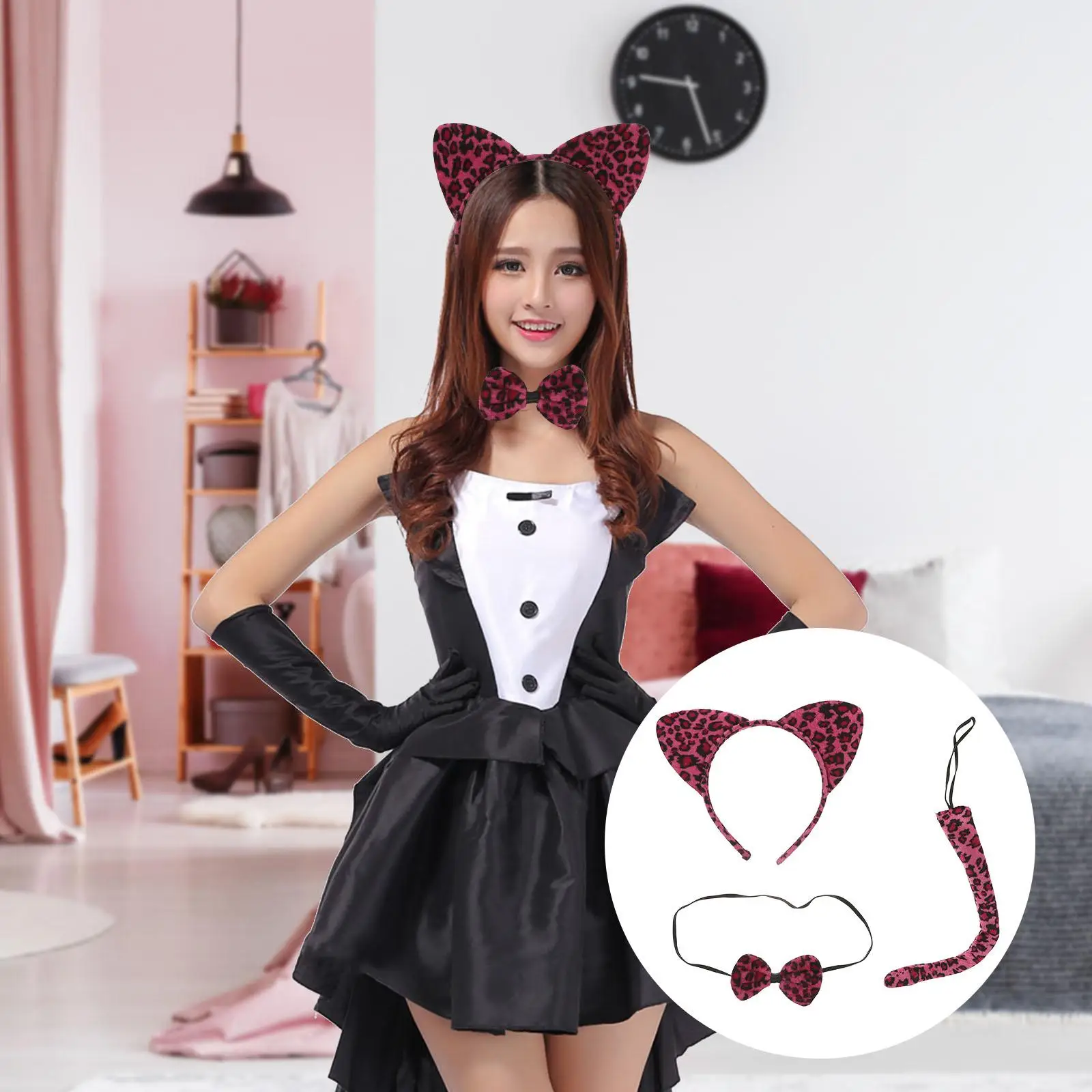 3 Pcs Cartoon Headband Set Cosplay Costume Cat Ear Kids Leopard Print Ears Baby Tail