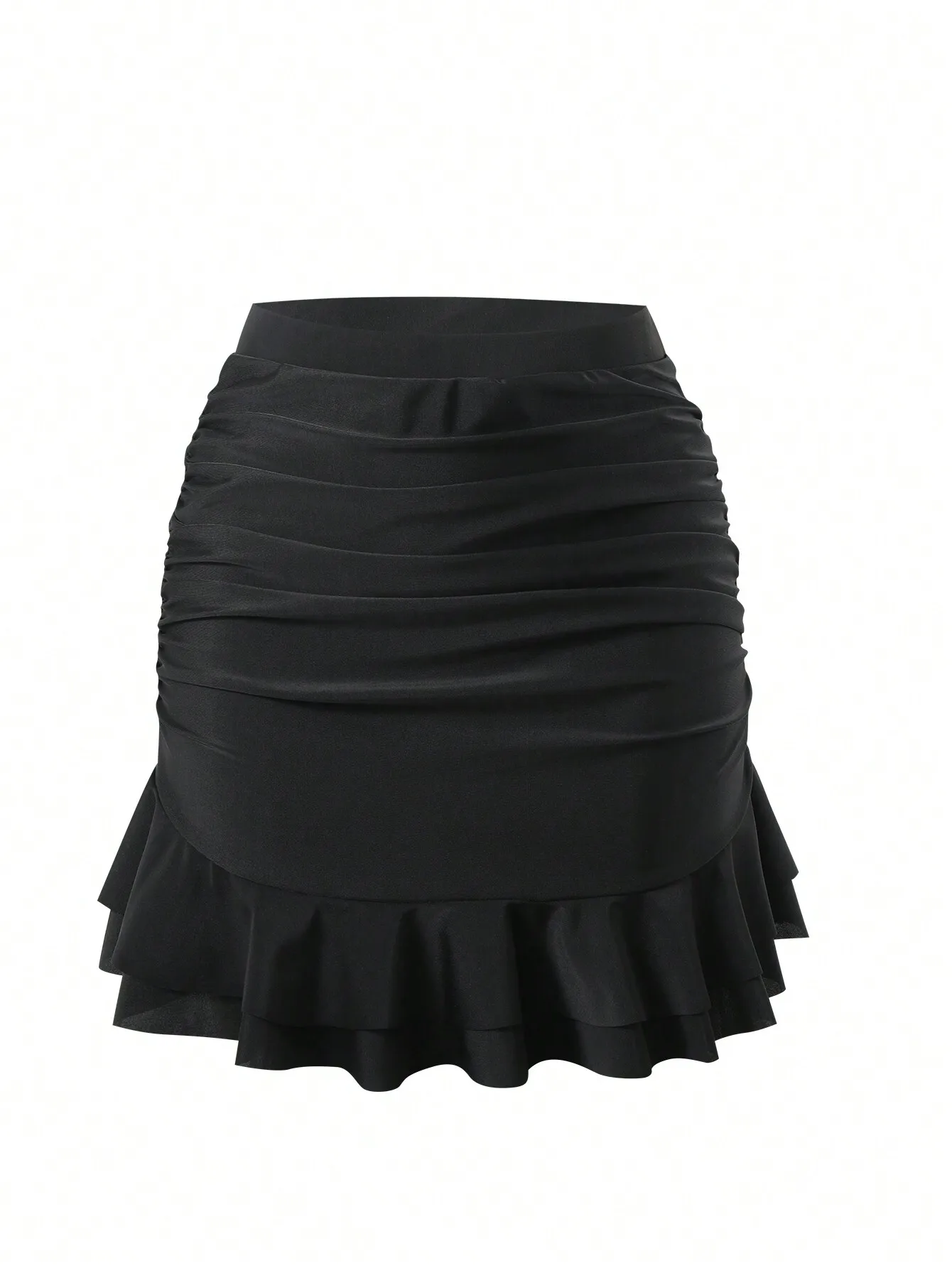 

Черная мини-юбка с драпировкой и многослойным рюшевым подолом для летнего повседневного образа