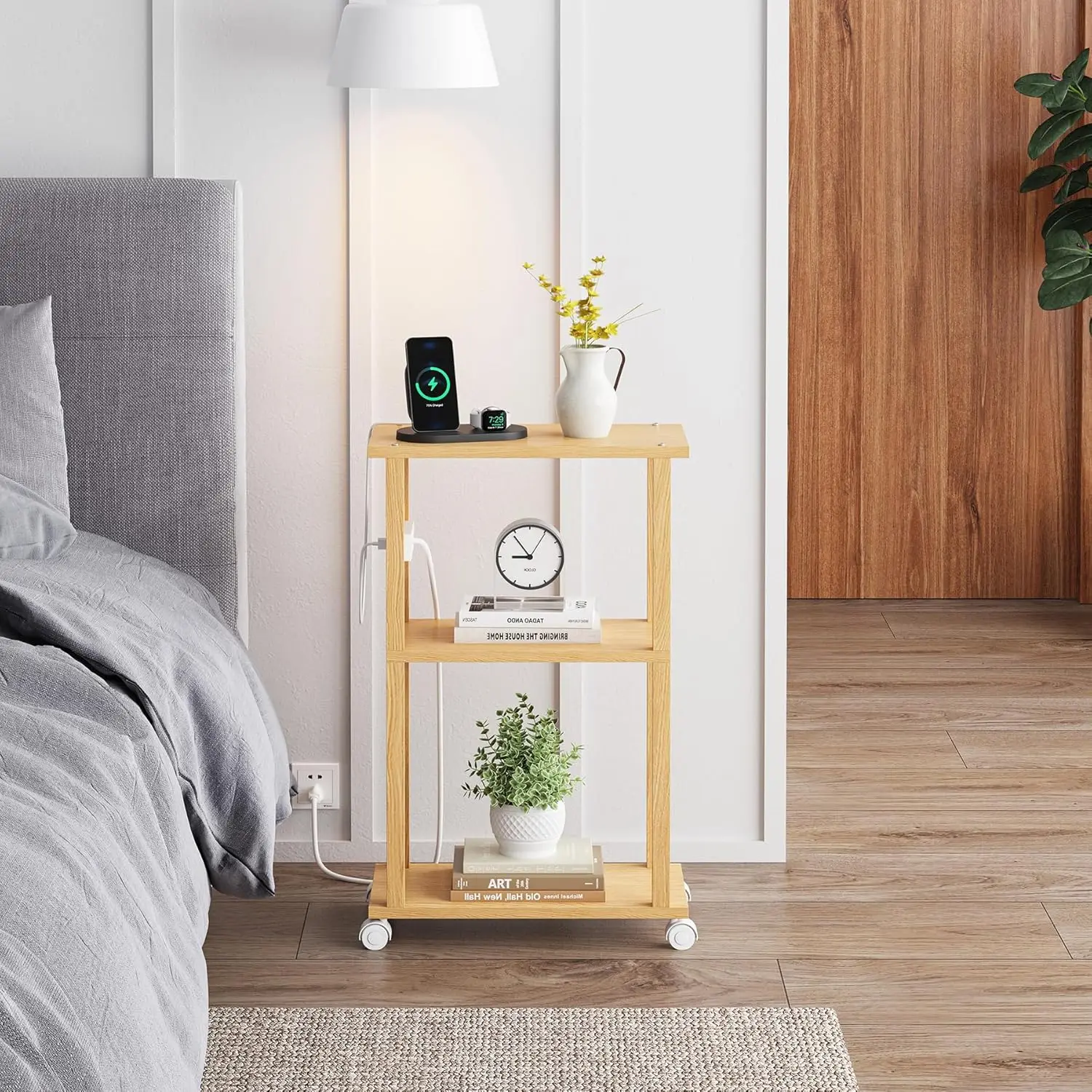 Small Narrow Side Table with Charging Station, Skinny End Table for Small Spaces, Slim Nightstand with USB Ports and Outlet,
