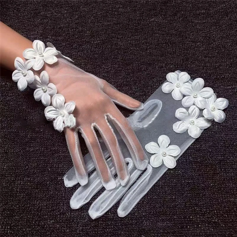 

Elegant Lace Tulle Transparentes Bridal Wedding Party Dress Gloves Flower Sheer Short Summer Mittens Lolita Accessories