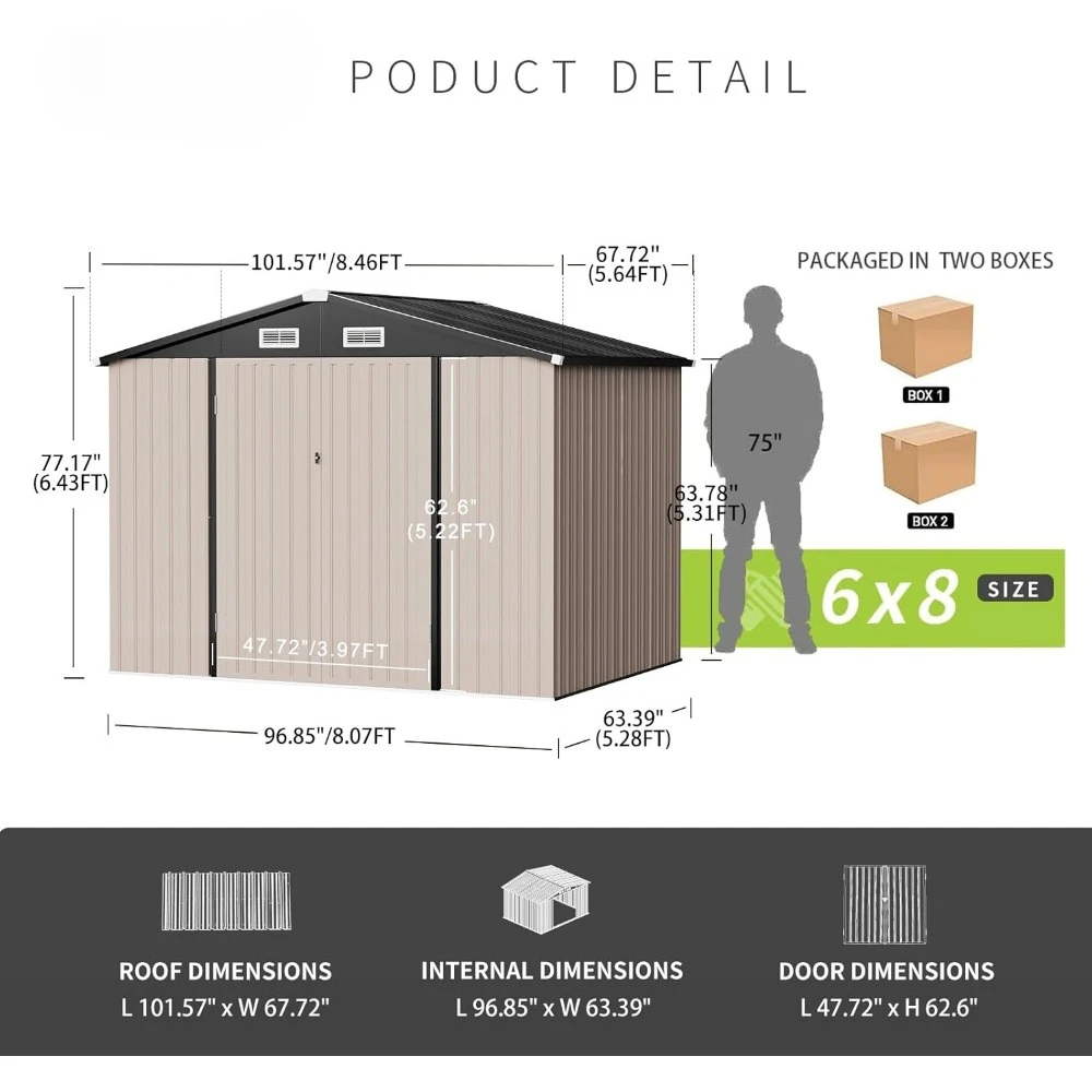 Cobertizo de jardín impermeable para todo tipo de clima, cobertizo de herramientas de metal para exteriores, cobertizo de almacenamiento, marrón, 8,1x5,3 pies