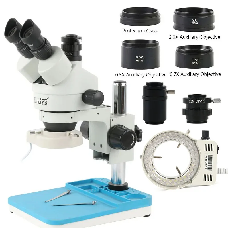 Support de Microscope de bureau 7X-45X, Microscope trinoculaire stéréo à simulateur de focale d'objectif 0,5x 2,0x pour la réparation de PCB