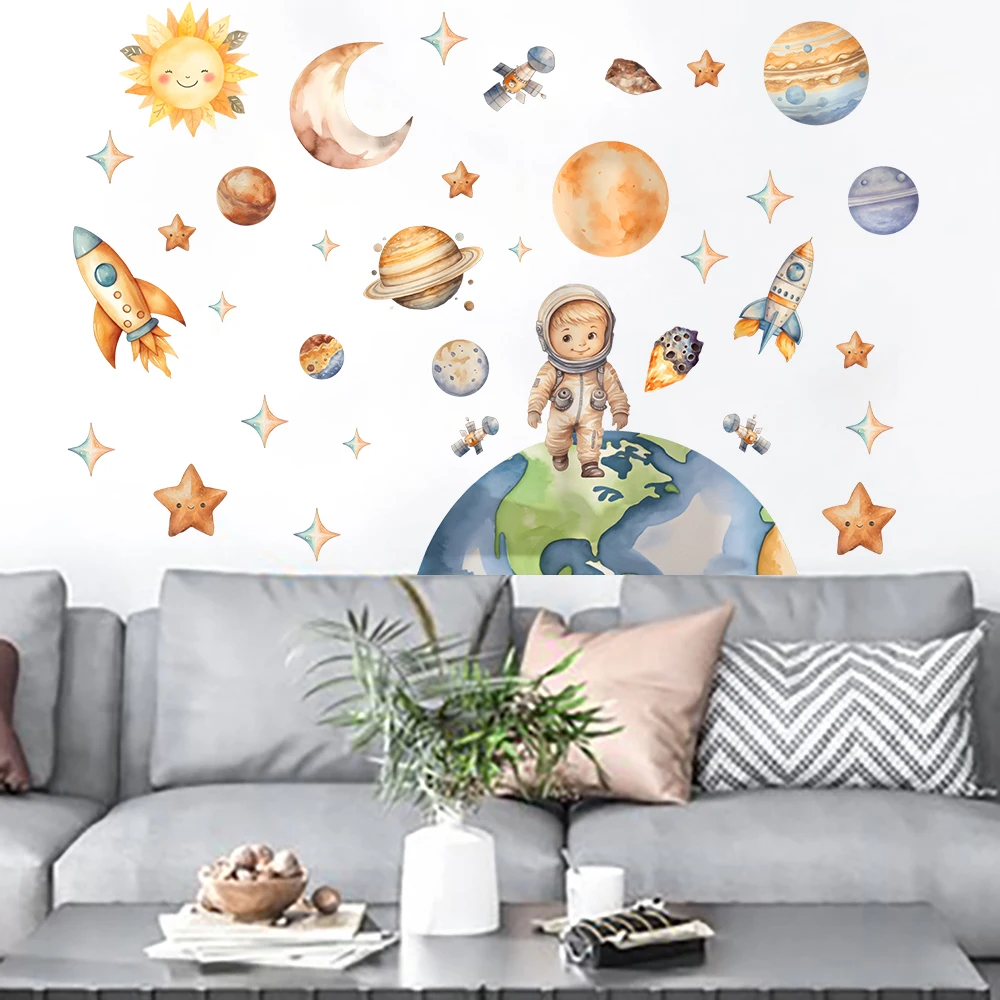 Large Space & Galaxy Rocket Astronaut Wall Sticker Kids Room Children Outer Space Rocket Ship Solar System Wall Decal Playroom