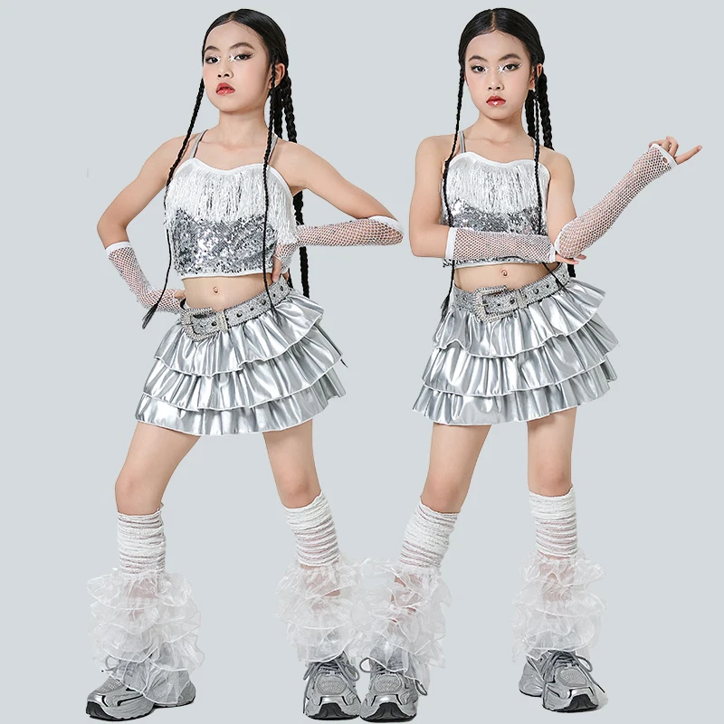 

2025 New Tassel Sequin Vest Cake Skirt Practice Suit Jazz Modern Dance Costumes For Girls Group Hip Hop Stage Clothing DQS19658