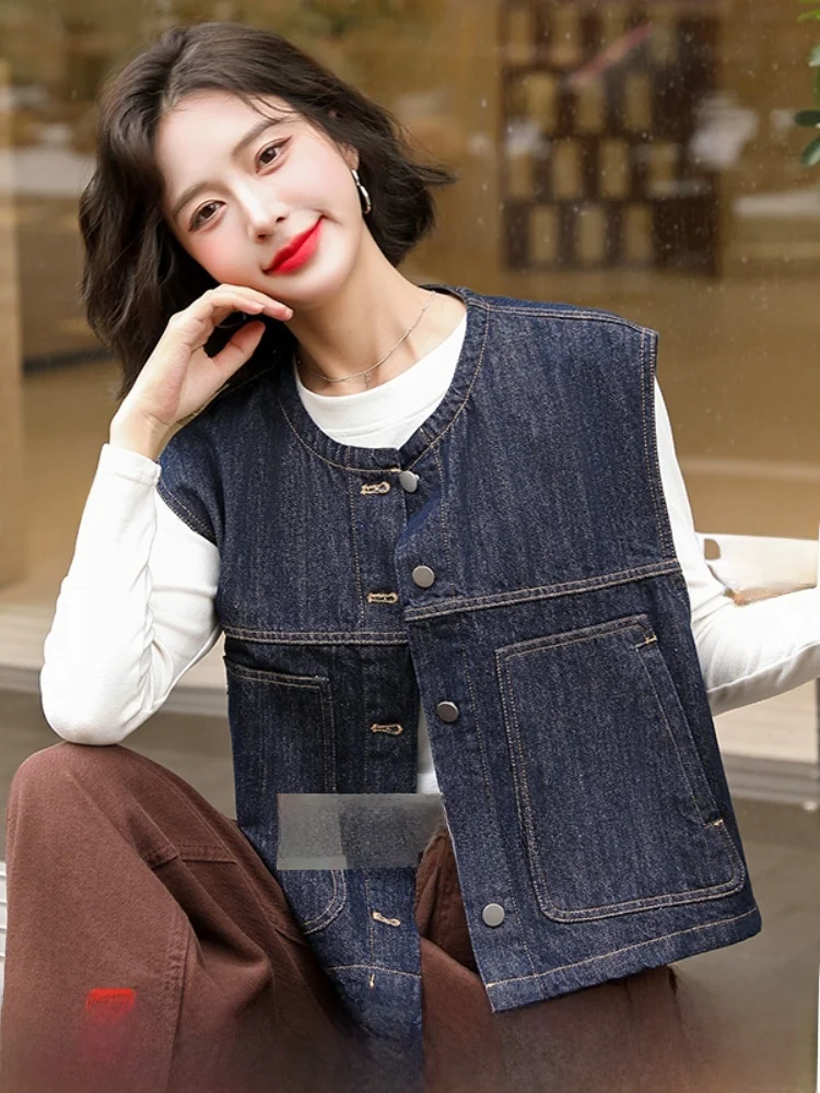 Deep Blue Denim Vest Women's ort Jaet Outerwear Autumn Season Button Splice ket Design round Ne No Sve