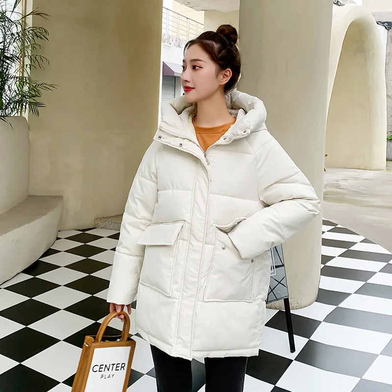 Imagem -04 - Parka Solta de Capuz Médio Longo Feminino com Bolso Grande Grossa Quente Chique Casual Monocromática Outwear Outono Inverno