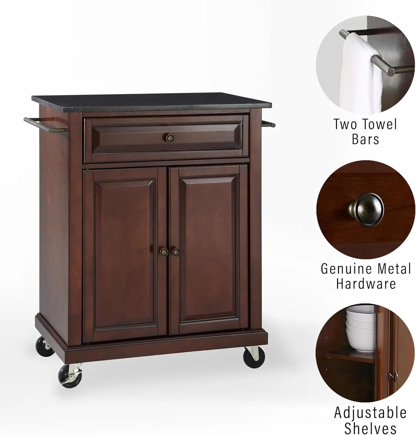 Furniture Compact Kitchen Island with Solid Black Granite Top, Mahogany