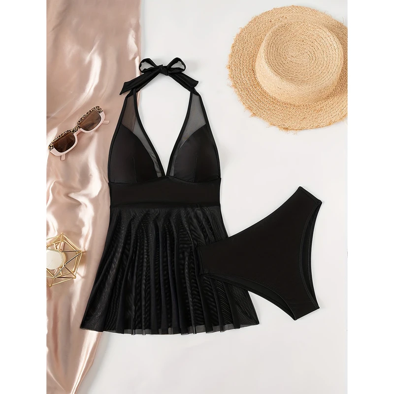 FASKOB กระโปรงสีดําสไตล์กระโปรงชายหาดบิกินี่ One Piece 2025 ชุดใหม่ชุดชายหาดสามชิ้นชุดว่ายน้ําร้อนขายสไตล์