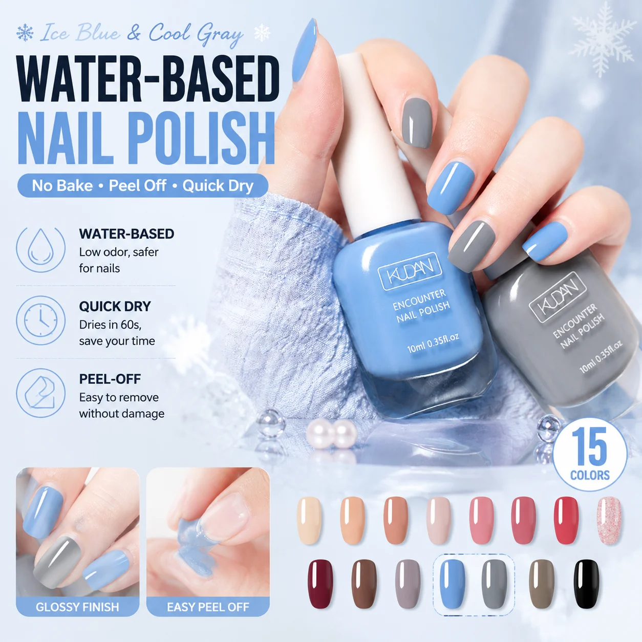 Water Based Nail Polish 15 Skin-Brightening Shades, No Lamp Quick Dry Peelable, Gentle Scent 10ml, Home Nail Art Gift for Her