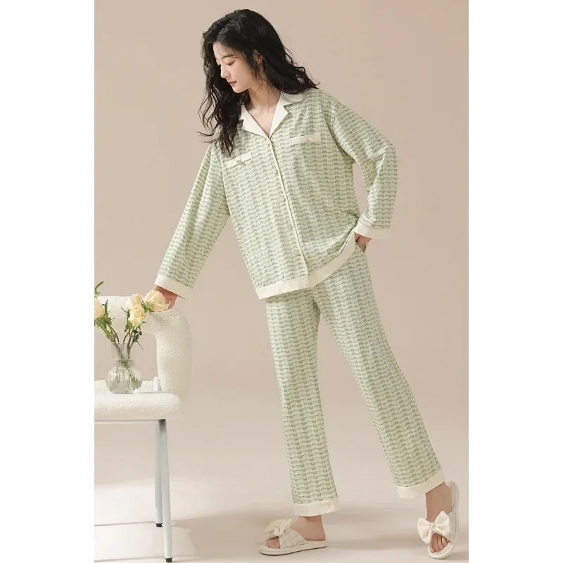 Pijama de manga comprida feminino, cardigã macio de algodão, pijamas de lapela, elegante Homewear, modelos coreanos, modelos primavera e outono, novos